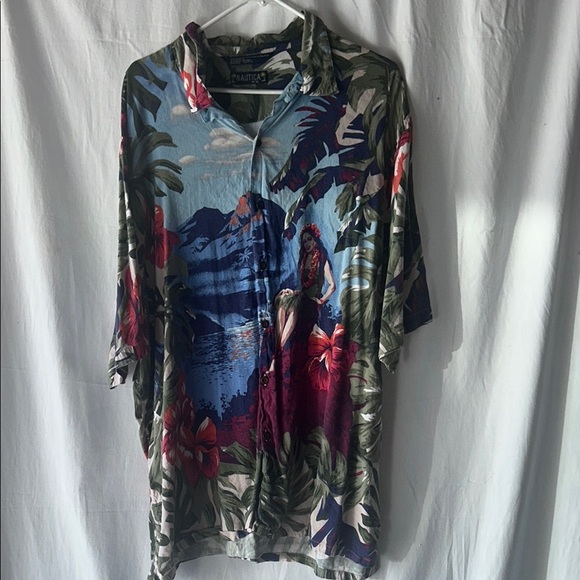 Nautica Tropical Print Casual Shirt Linen Hawaiian Girl - Picture 1 of 9